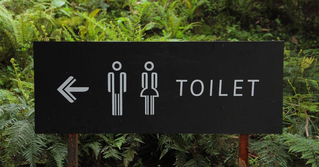sign pointing to toilets. Explaining pee accidents in midlife