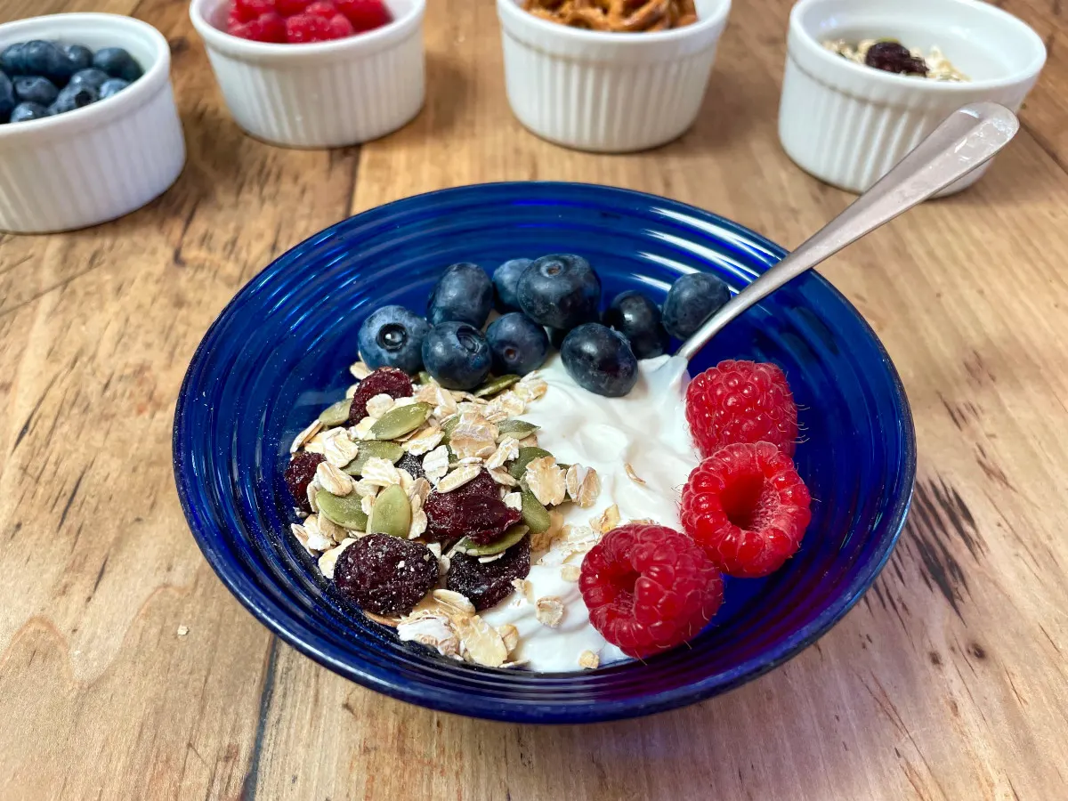 healthy yogurt bowl: an example of an answer to the question what should I eat during perimenopause and menopause